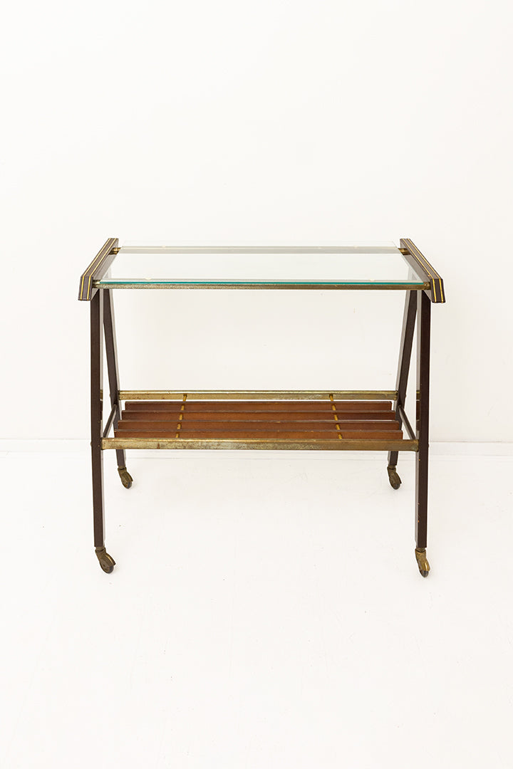 Vintage Franse barcart met bruin metalen frame en glazen blad