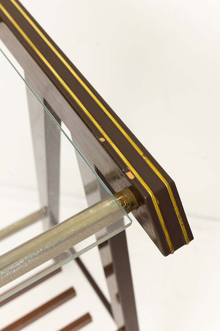 Vintage Franse barcart met bruin metalen frame en glazen blad