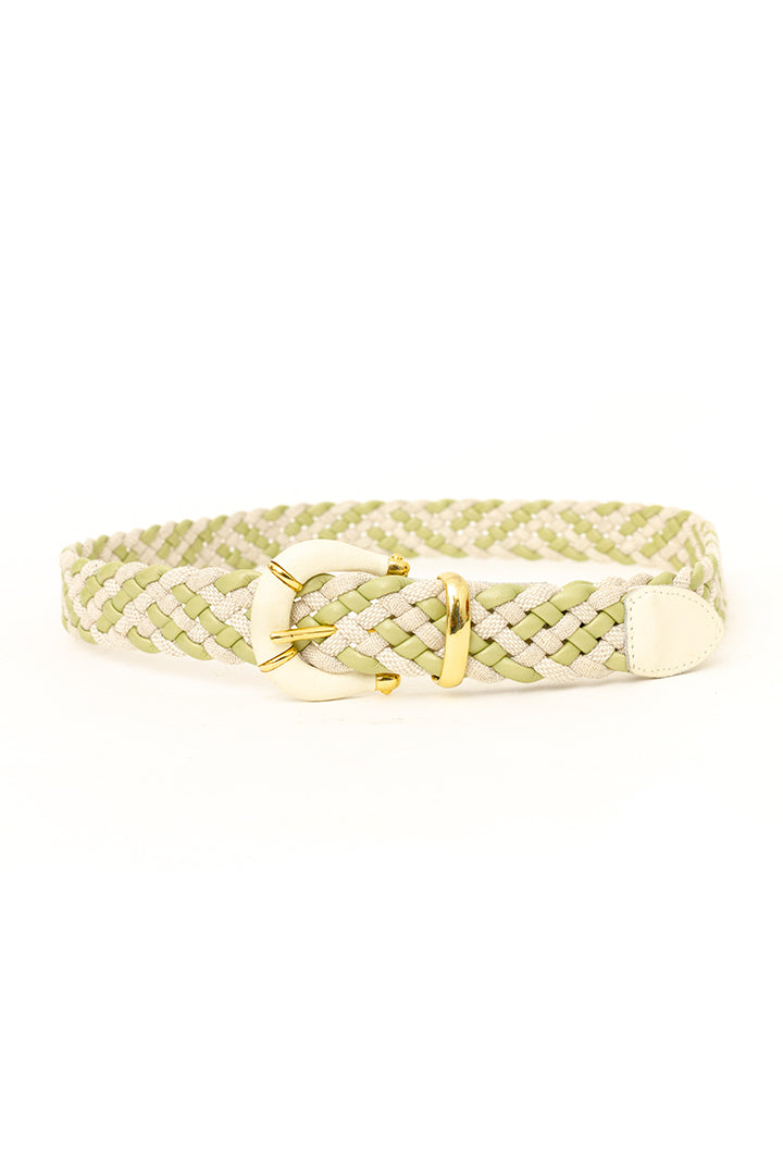 Vintage Franse gevlochten leren riem crème/pistache