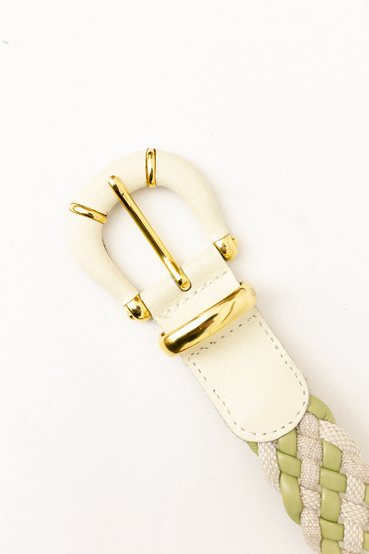 Vintage Franse gevlochten leren riem crème/pistache