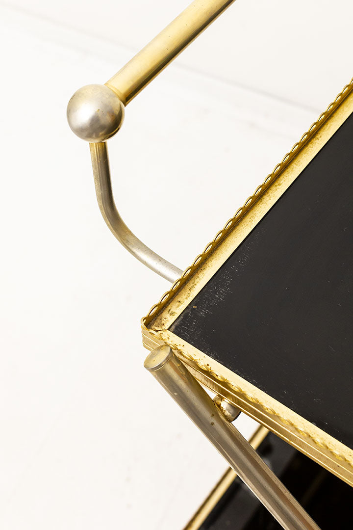 Vintage Hollywood Regency messing barcart/serveerwagen met zwarte glazen platen