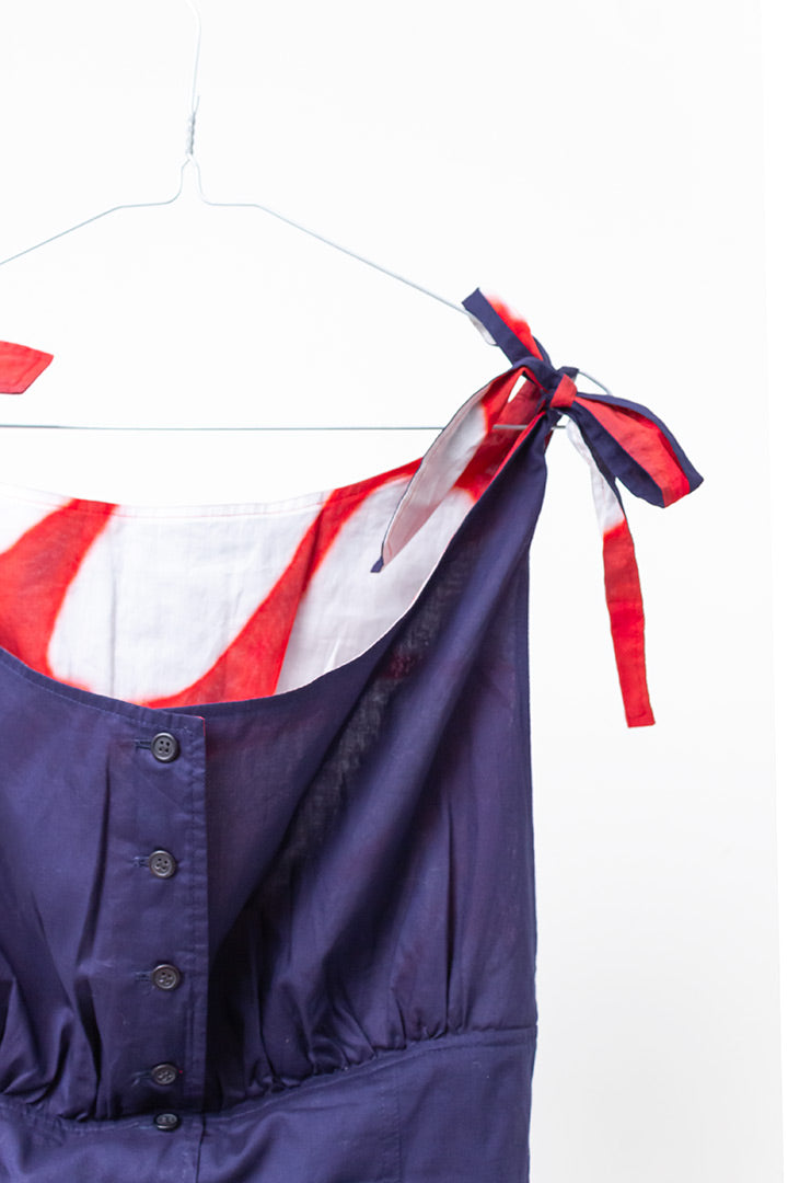 Vintage Issey Miyake sample top 2-in-1 tie dye donkerblauw en rood