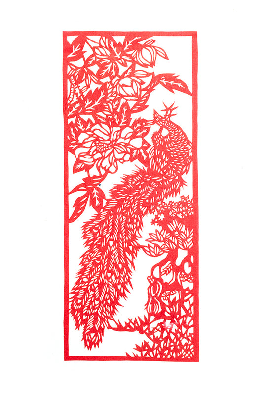 Vintage Japans kirigami kunstwerk van rood papier - pauw in lijst