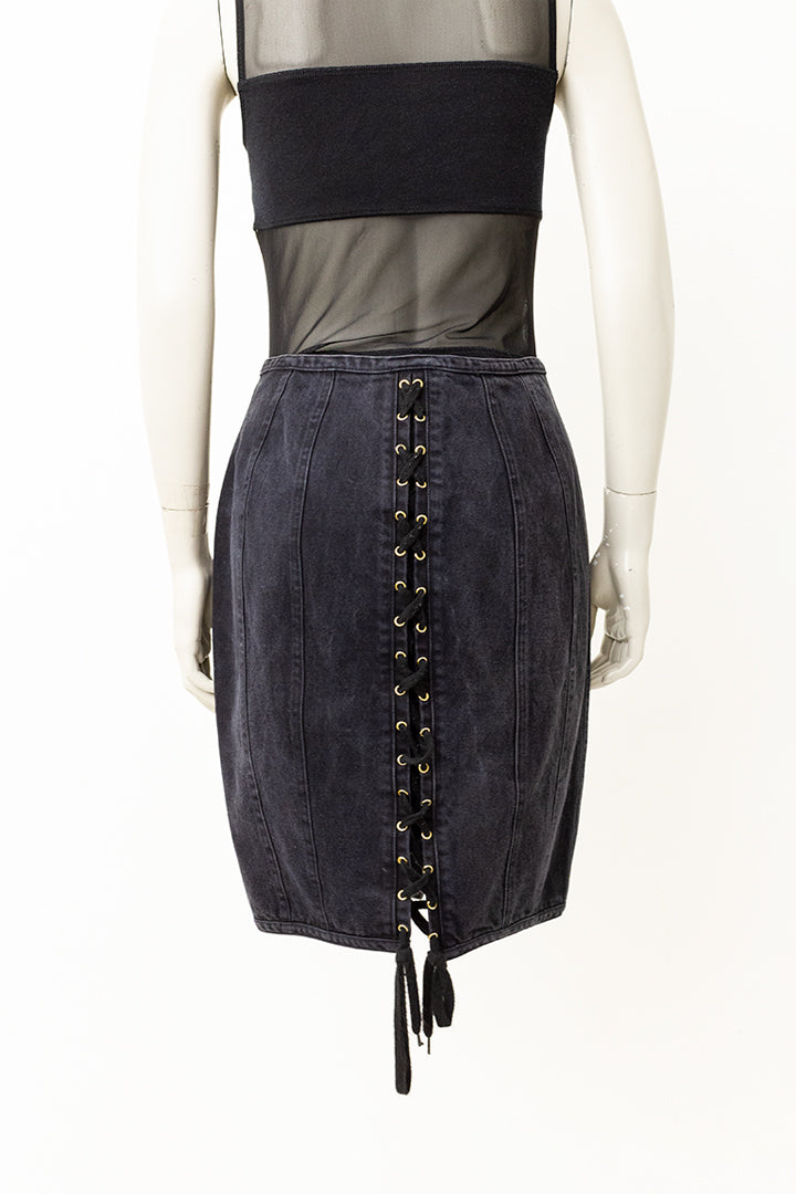 Vintage Junior Gaultier zwarte denim rok met knopen en rijgkoord