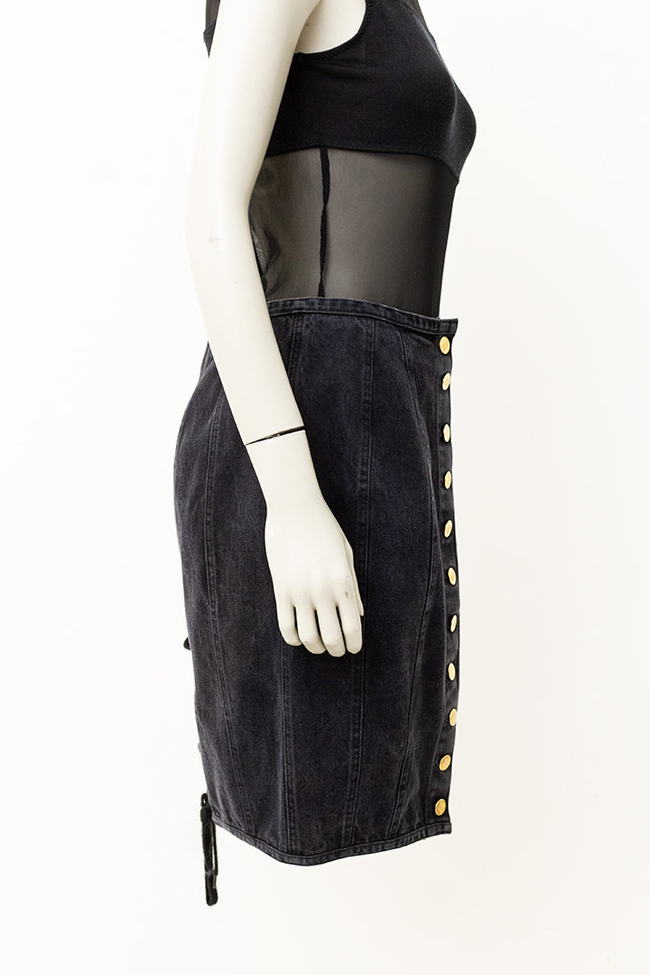 Vintage Junior Gaultier zwarte denim rok met knopen en rijgkoord