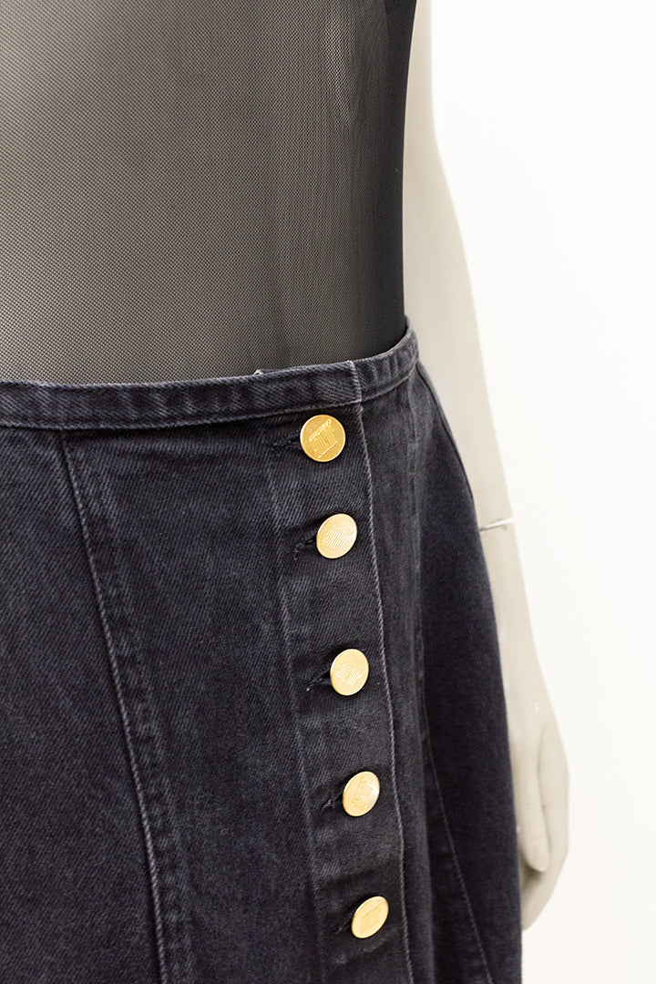 Vintage Junior Gaultier zwarte denim rok met knopen en rijgkoord