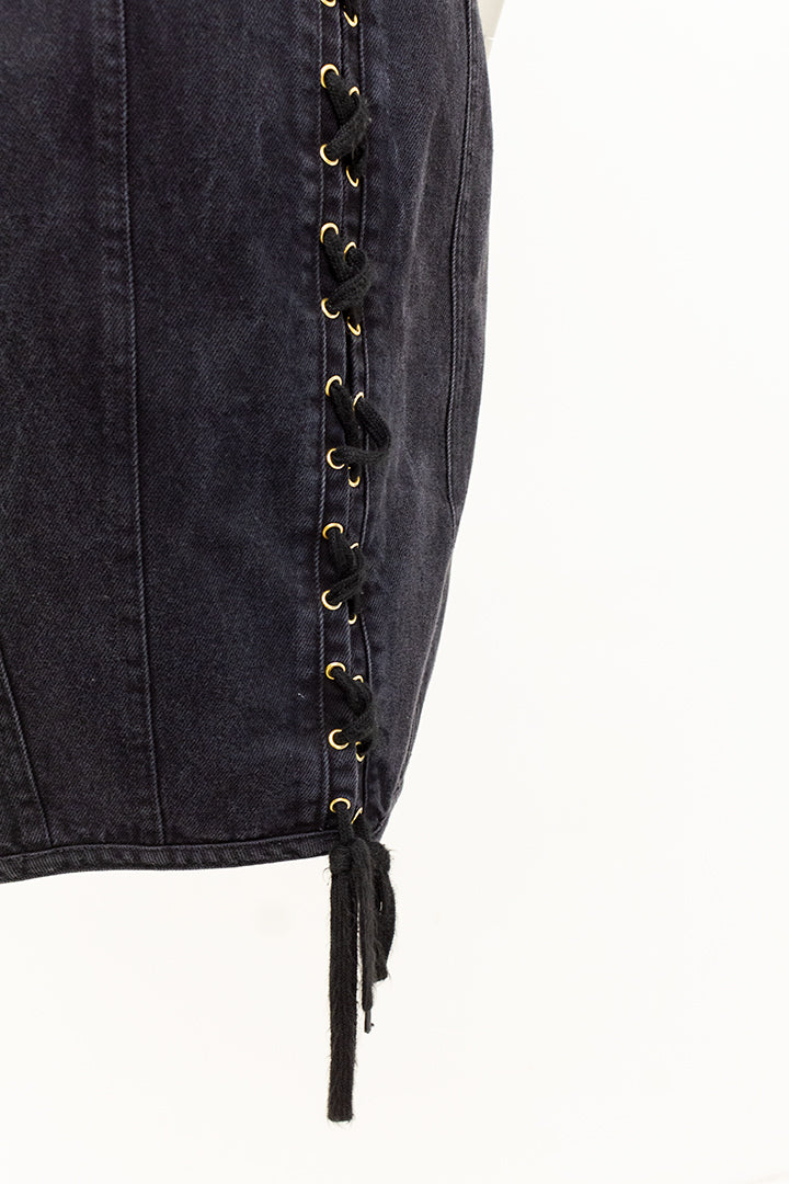 Vintage Junior Gaultier zwarte denim rok met knopen en rijgkoord