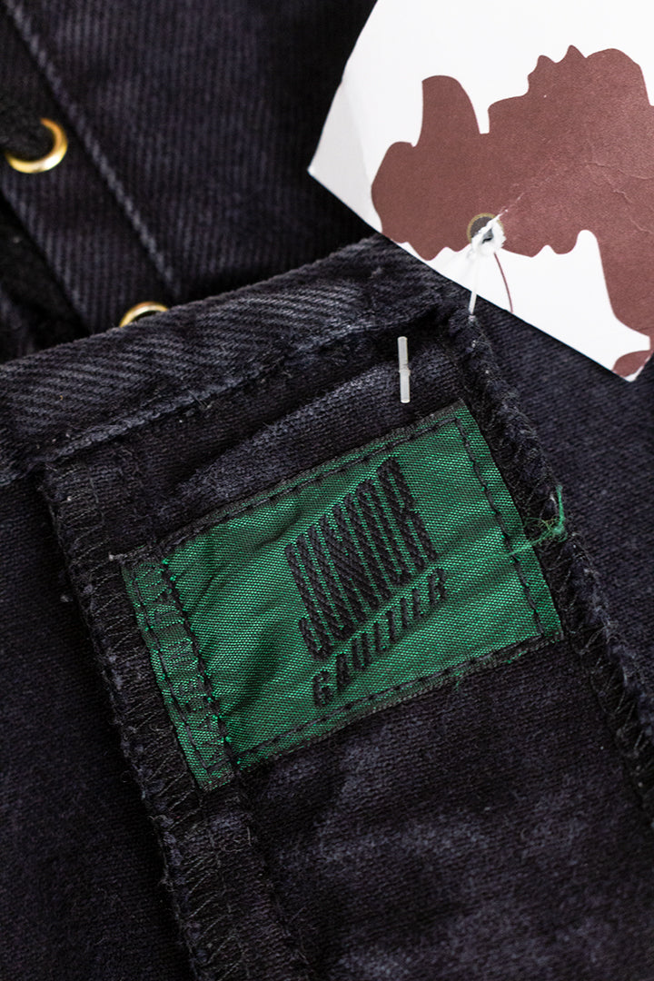 Vintage Junior Gaultier zwarte denim rok met knopen en rijgkoord