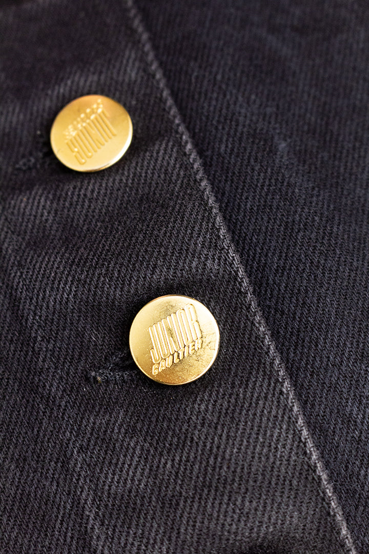 Vintage Junior Gaultier zwarte denim rok met knopen en rijgkoord
