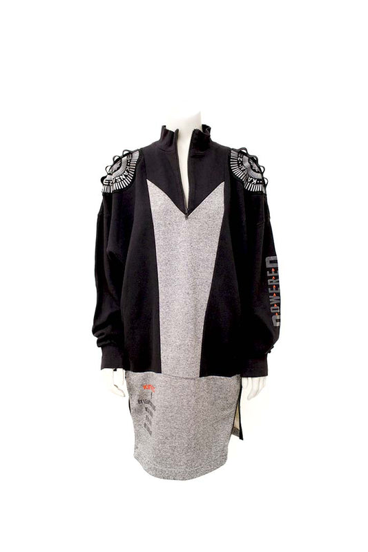 Zwart/grijze lange vintage Kansai Yamamoto O2 "Leaps and Bounds" sweater uit de jaren 80