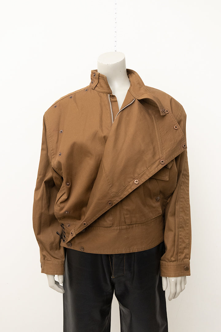 Vintage Kansai Yamamoto bruine parka jas met asymmetrische sluiting