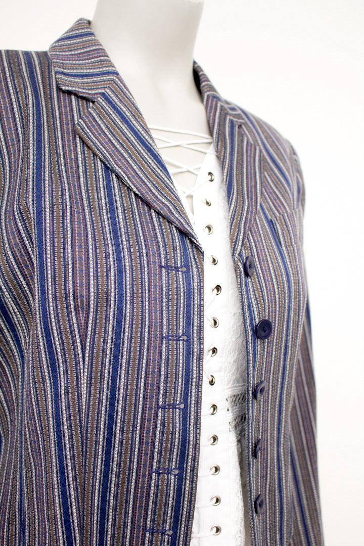 Vintage Kenzo katoenen blazer met strepen in blauw, wit, grijs en bruin