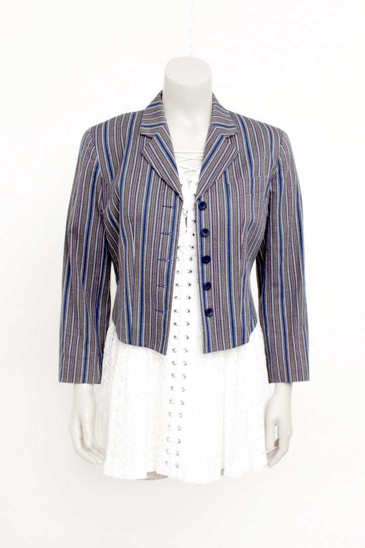 Vintage Kenzo katoenen blazer met strepen in blauw, wit, grijs en bruin