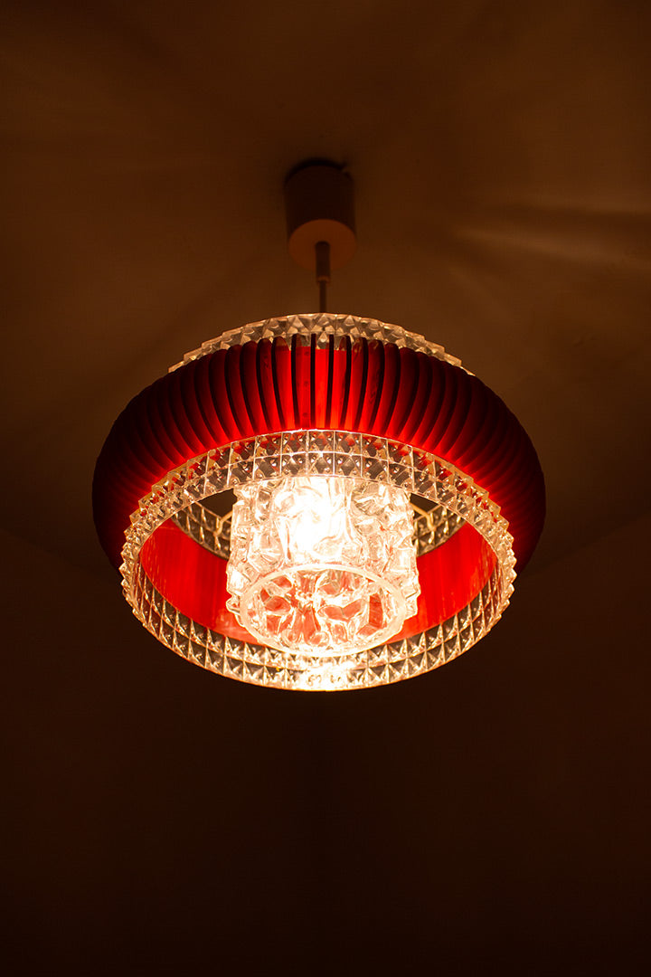 Vintage Marbach Leuchten hanglamp rode ribbel en gefacetteerd glas