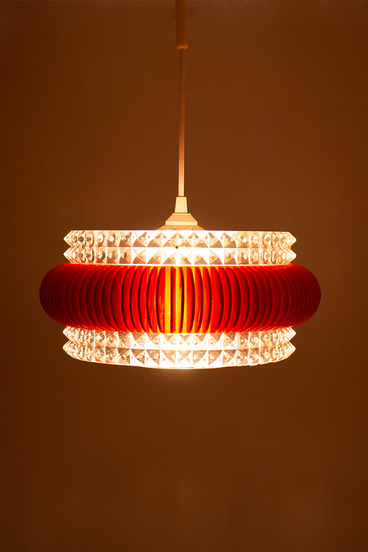 Vintage Marbach Leuchten hanglamp rode ribbel en gefacetteerd glas
