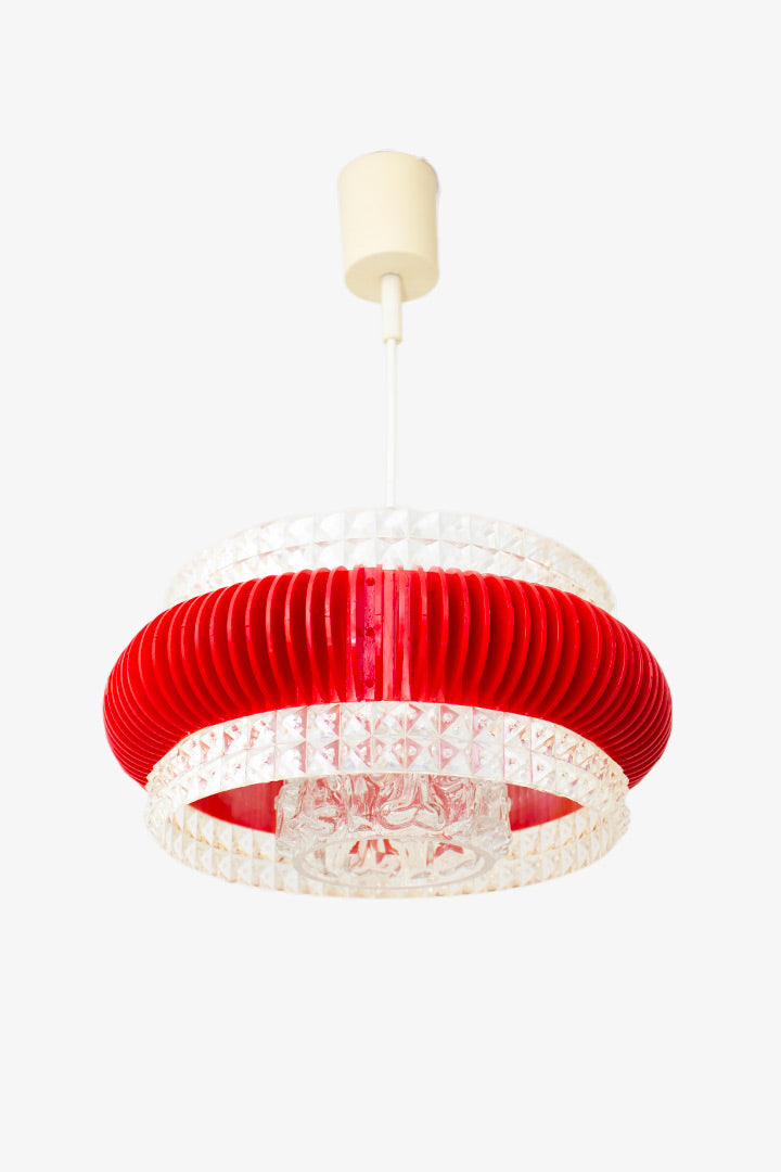 Vintage Marbach Leuchten hanglamp rode ribbel en gefacetteerd glas