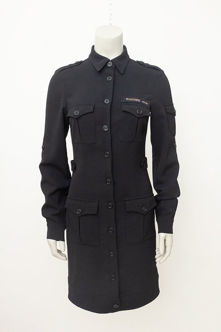 Vintage Moschino zwarte jeans doorknoop jurk met zakken