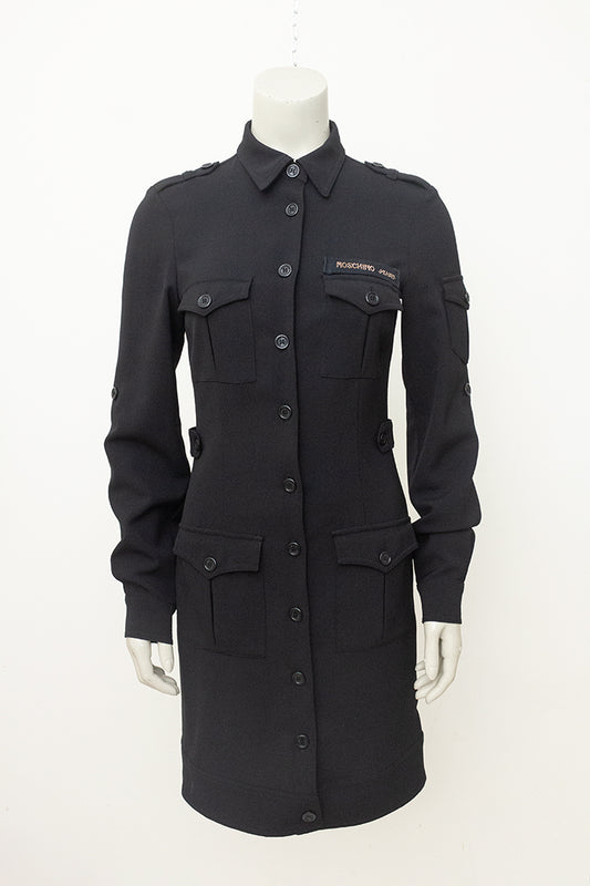Vintage Moschino zwarte jeans doorknoop jurk met zakken