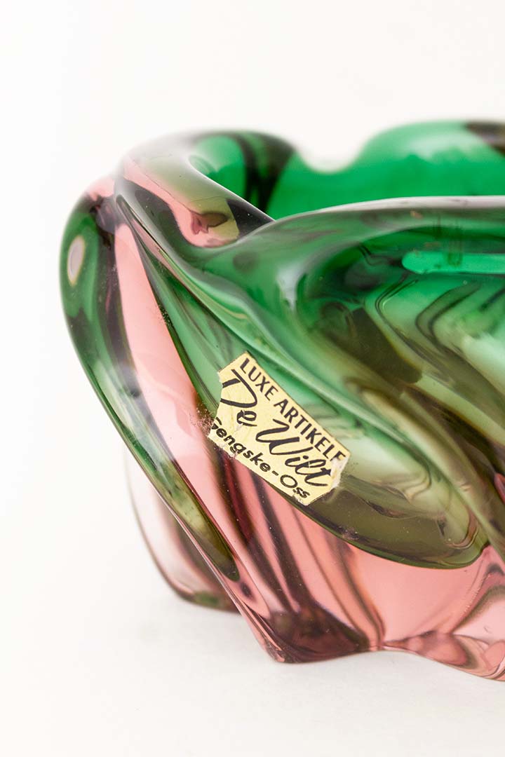 Vintage Murano glazen asbak of schaaltje met groen/roze swirl