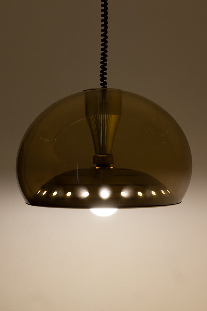 Vintage Space Age hanglamp Dijkstra met bruine kunststof bol en aluminium binnenwerk