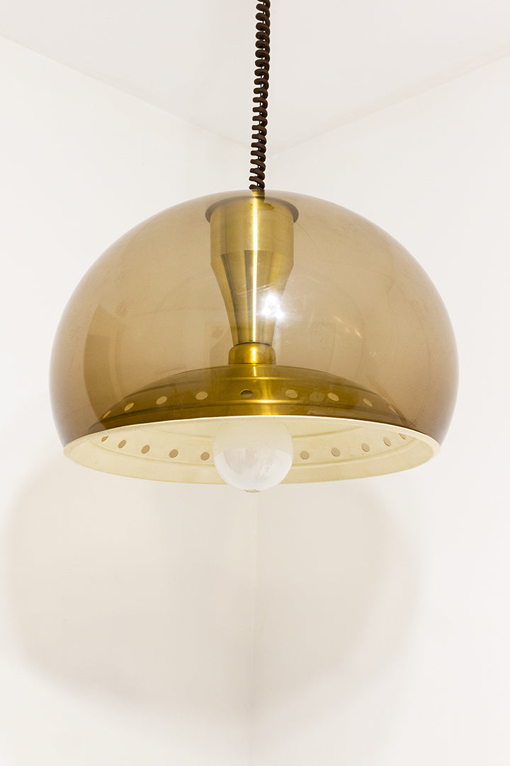Vintage Space Age hanglamp Dijkstra met bruine kunststof bol en aluminium binnenwerk