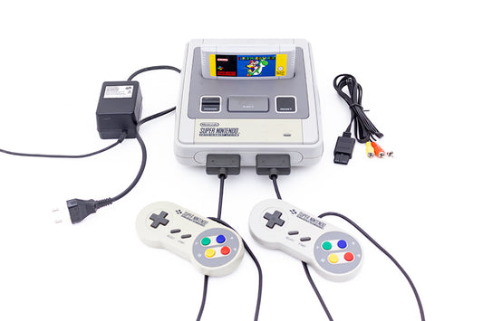 Vintage Super Nintendo SNES 1992 Super Mario World 2 controllers RCA aansluiting originele adapter