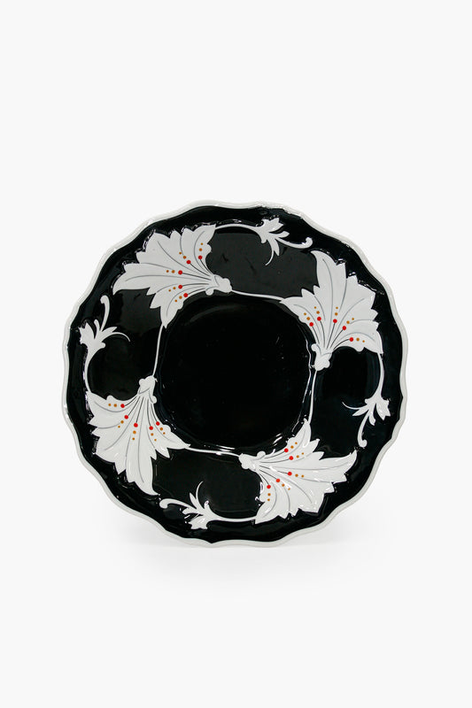 Vintage Weimar Kahla porseleinen bord zwart met wit bladeren decor