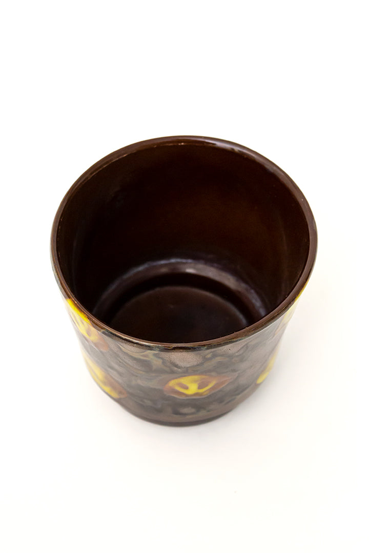 Vintage West-Germany bloempot bruin met gele stippen fat lava