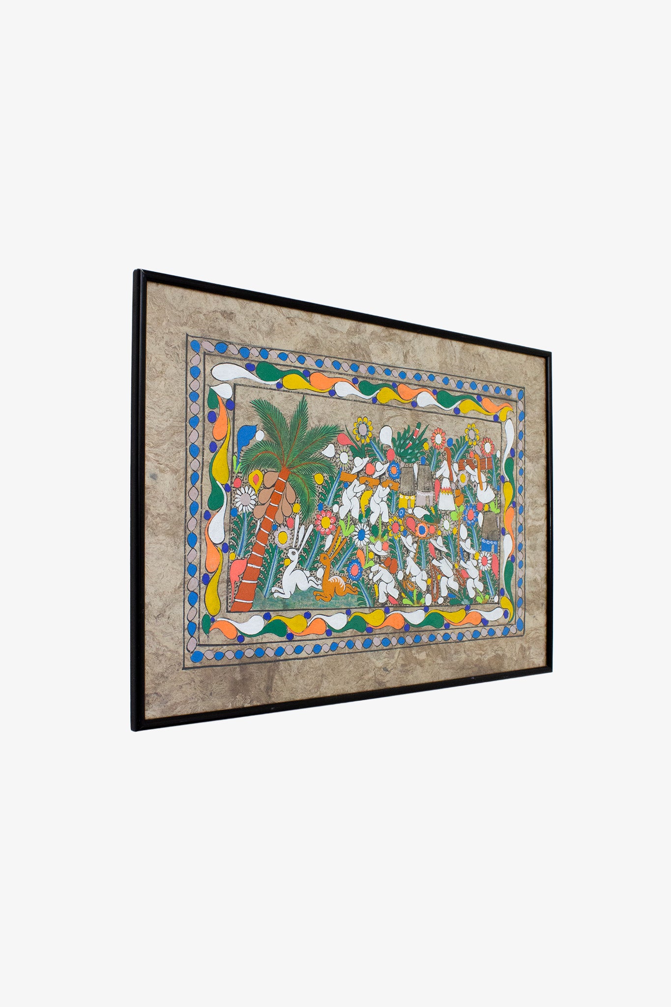 Vintage ingelijste Amate-bark Mexicaans folklore schilderij op schorspapier