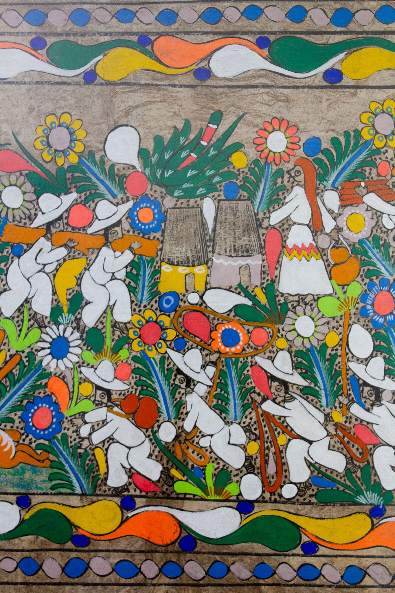 Vintage ingelijste Amate-bark Mexicaans folklore schilderij op schorspapier