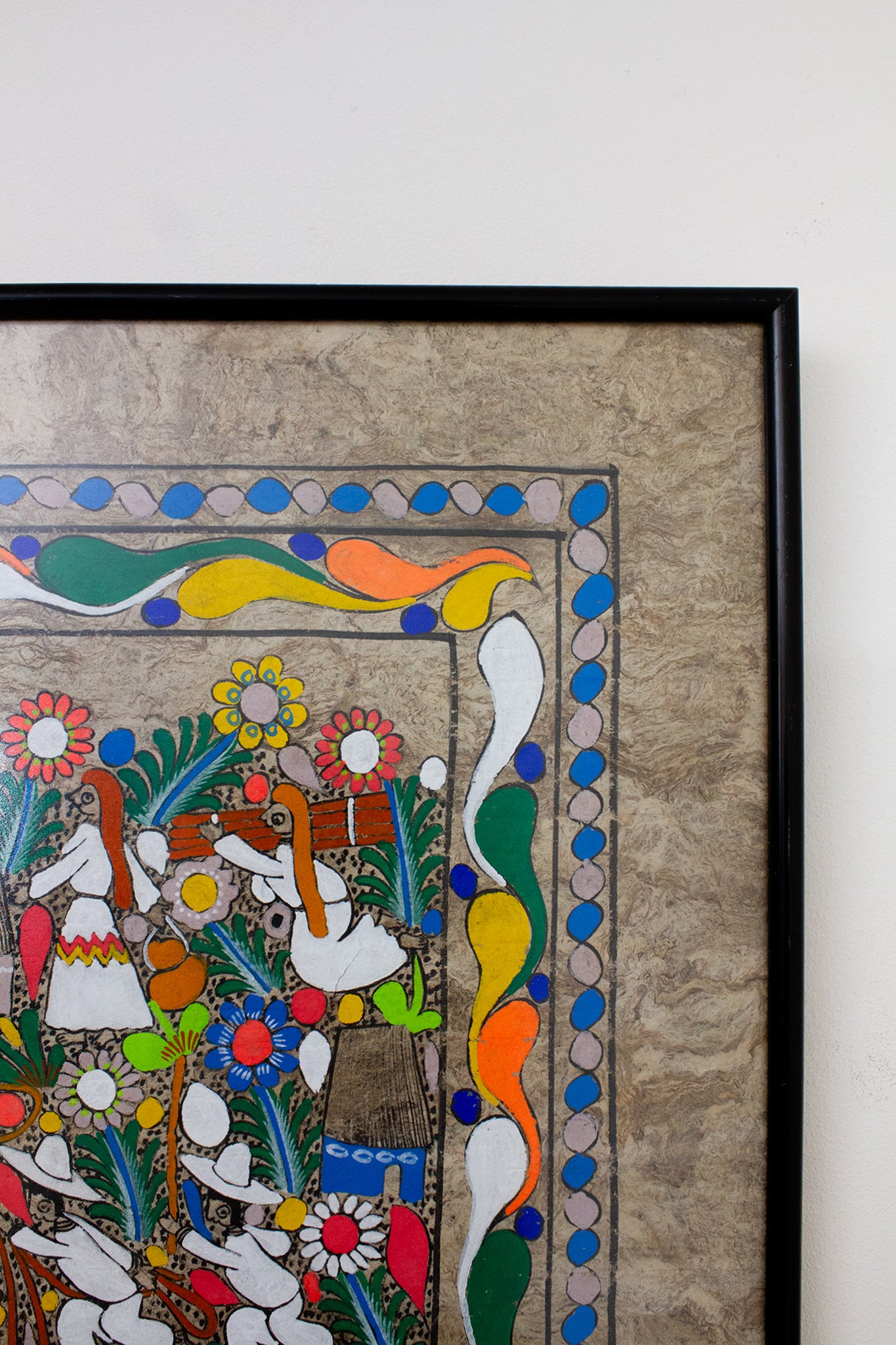 Vintage ingelijste Amate-bark Mexicaans folklore schilderij op schorspapier