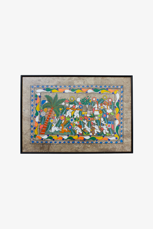 Vintage ingelijste Amate-bark Mexicaans folklore schilderij op schorspapier