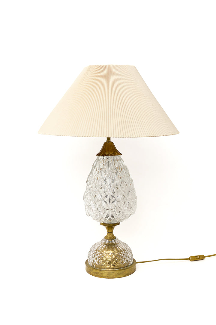 Vintage ananas tafellamp messing met persglas en plissé kap