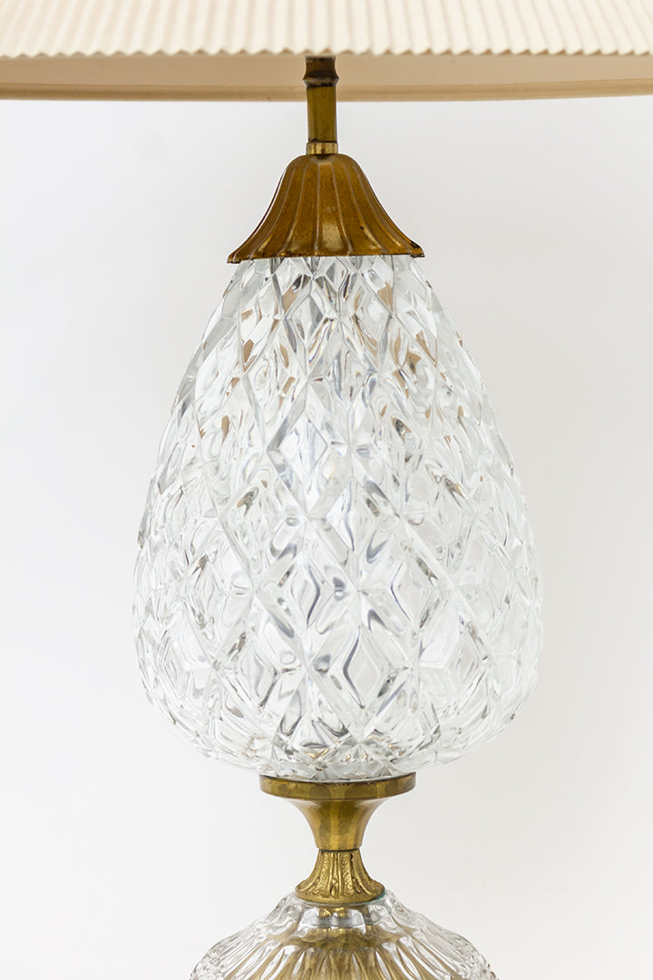 Vintage ananas tafellamp messing met persglas en plissé kap