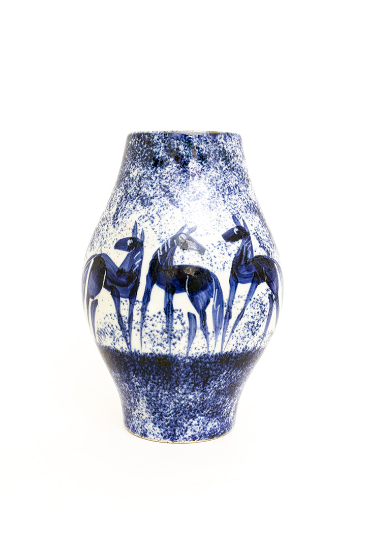 Vintage asymmetrische vaas wit/blauw met handgeschilderde print