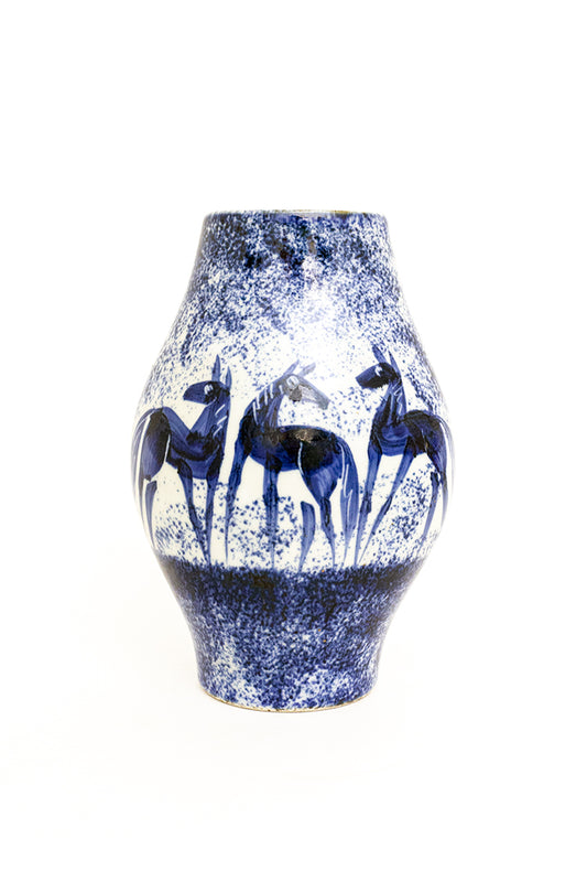 Vintage asymmetrische vaas wit/blauw met handgeschilderde print