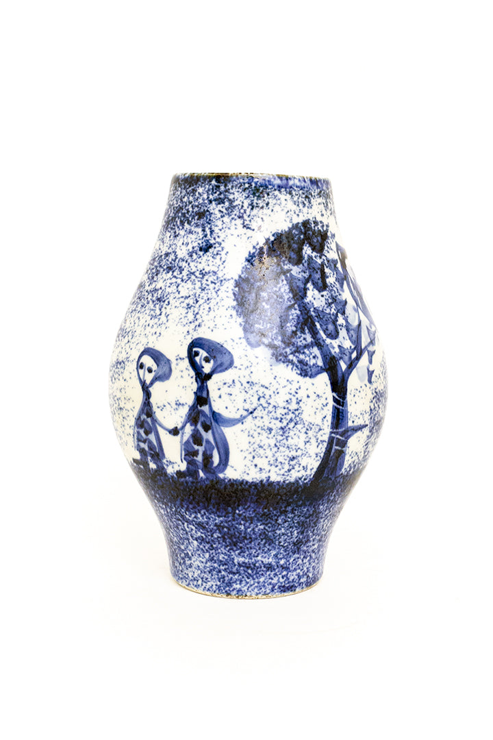 Vintage asymmetrische vaas wit/blauw met handgeschilderde print