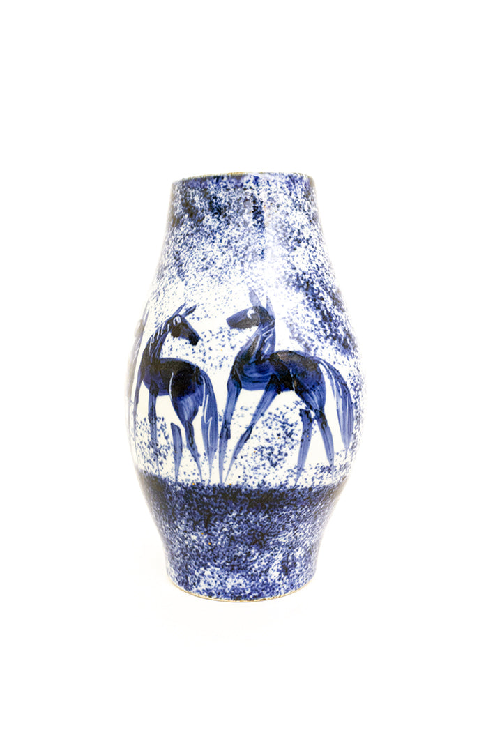 Vintage asymmetrische vaas wit/blauw met handgeschilderde print