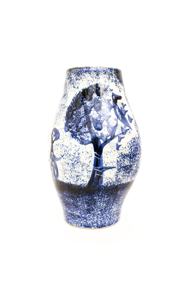 Vintage asymmetrische vaas wit/blauw met handgeschilderde print