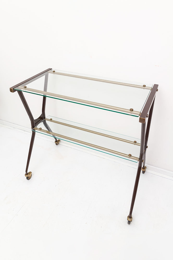 Vintage barcart met bruin metalen frame en glasplaten