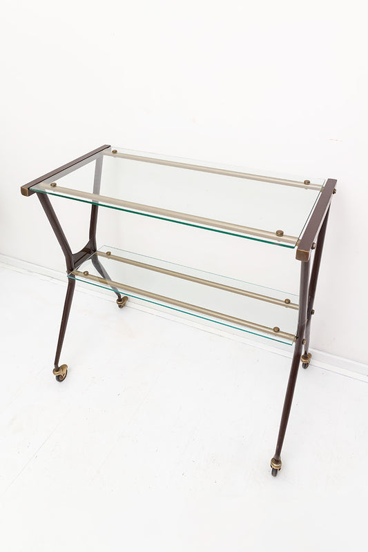 Vintage barcart met bruin metalen frame en glasplaten