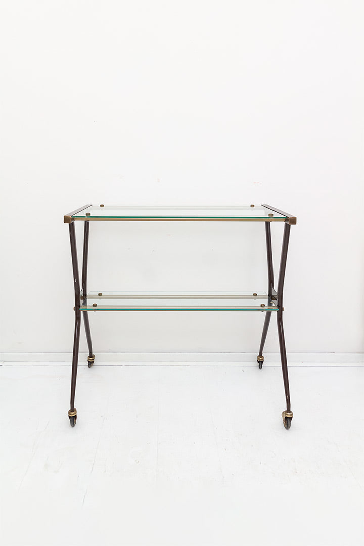 Vintage barcart met bruin metalen frame en glasplaten