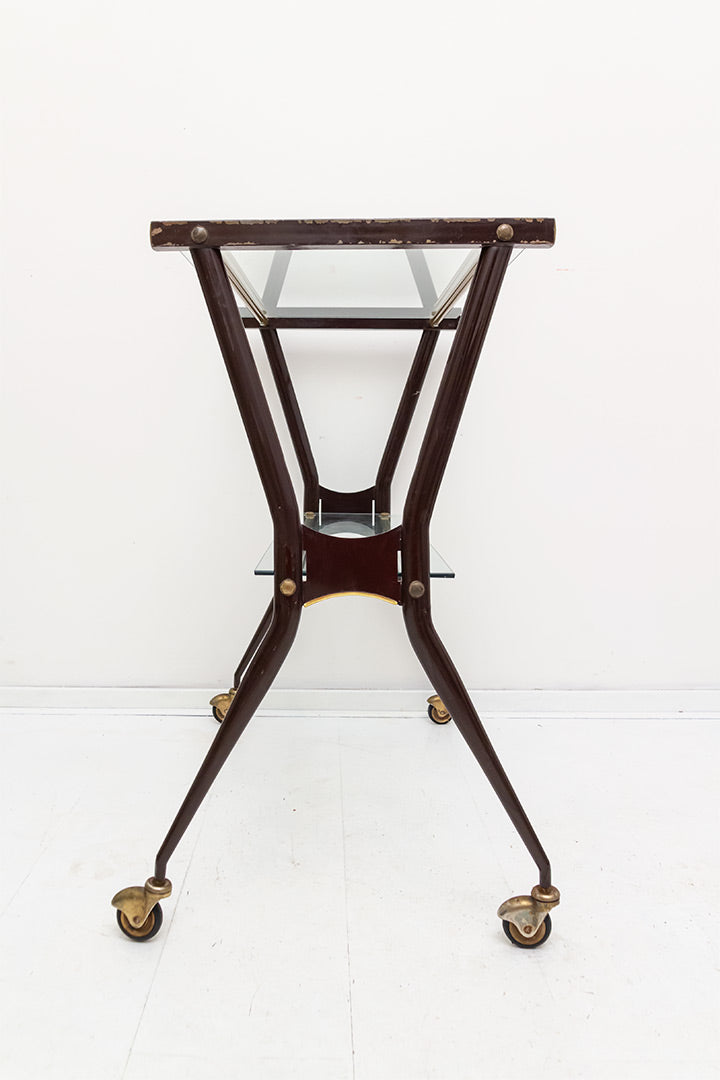 Vintage barcart met bruin metalen frame en glasplaten