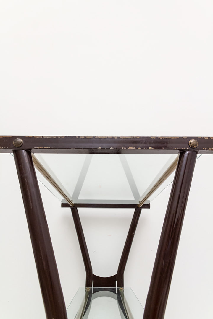 Vintage barcart met bruin metalen frame en glasplaten