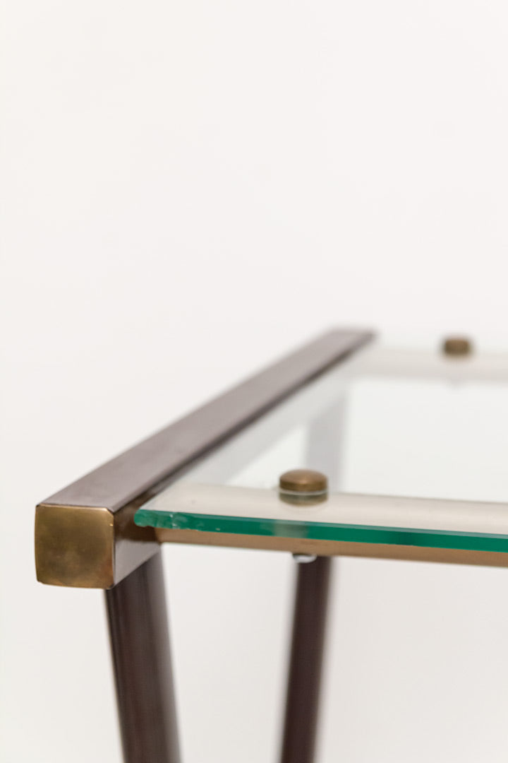 Vintage barcart met bruin metalen frame en glasplaten