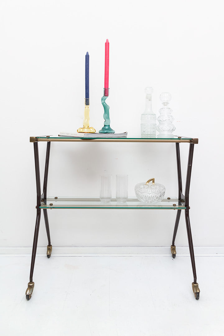 Vintage barcart met bruin metalen frame en glasplaten