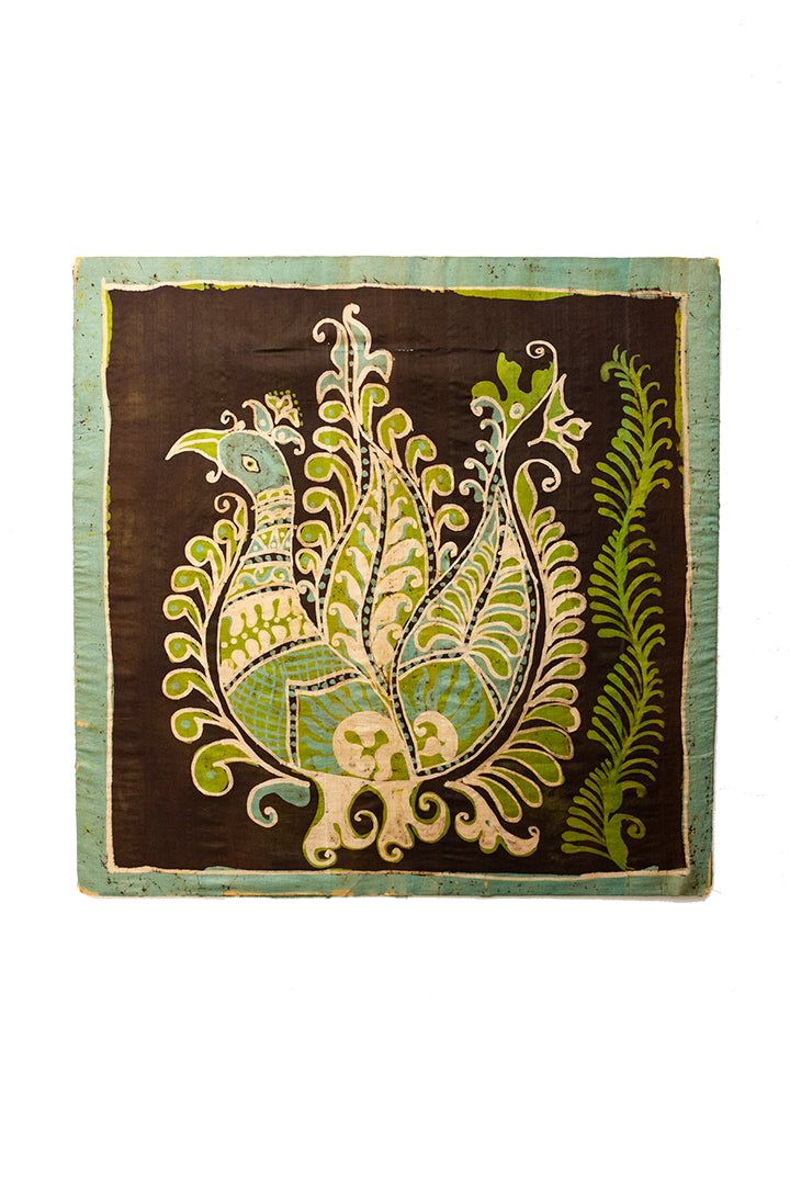 Vintage batik wanddoek groen/bruin met vogel