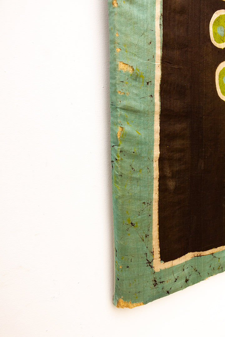 Vintage batik wanddoek groen/bruin met vogel