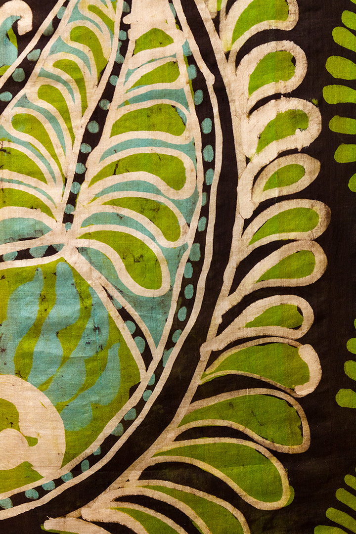 Vintage batik wanddoek groen/bruin met vogel