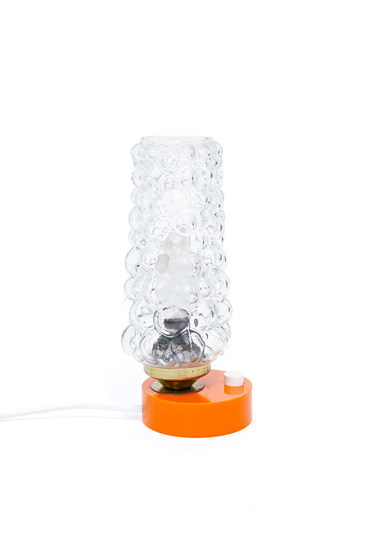 Vintage bedlampje glazen kap met bubbels en oranje voet